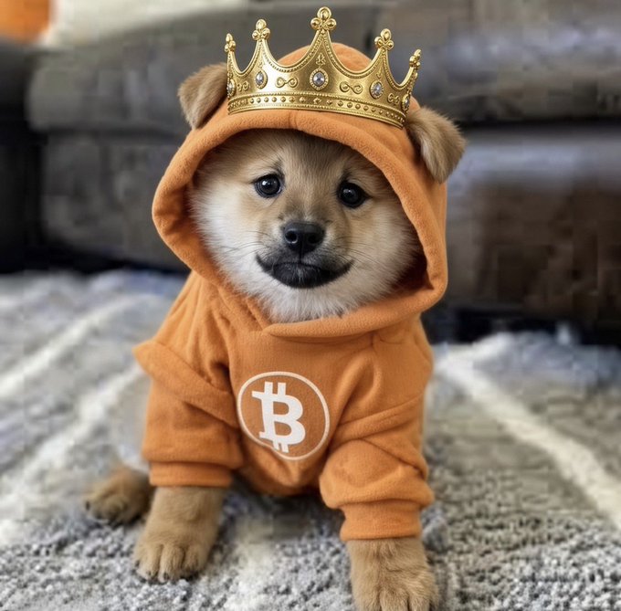 An adorable puppy wearing an orange hoodie with a Bitcoin logo sits on a rug while sporting a small gold crown.