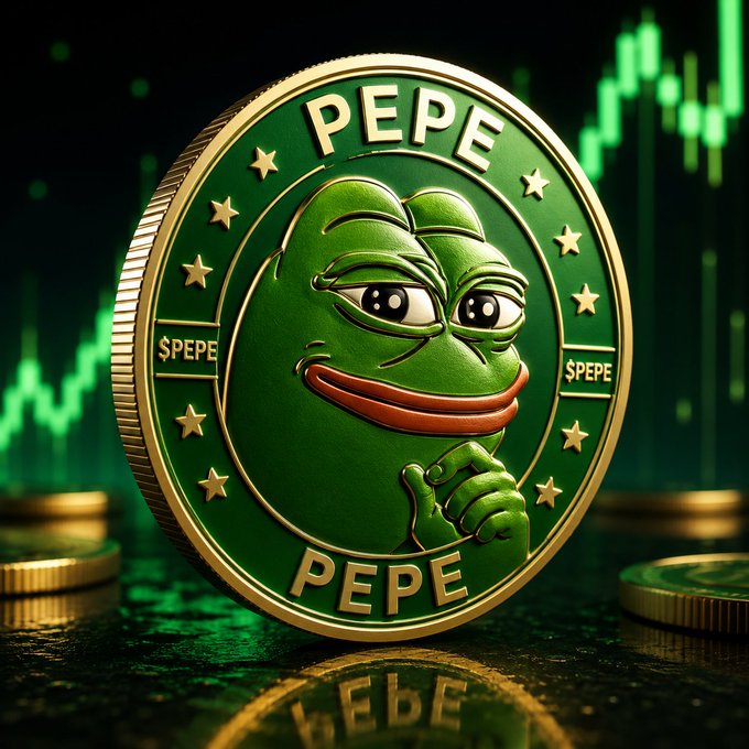 A commemorative green and gold coin featuring the Pepe the Frog meme character, labeled "PEPE" and "$PEPE," is displayed against a background of green stock market chart lines.