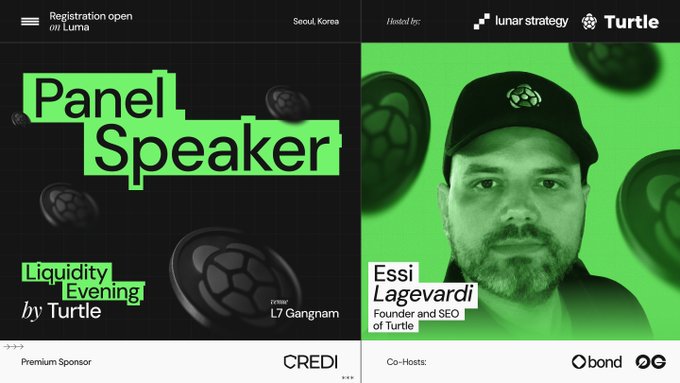 Event promotional poster for 'Panel Speaker - Liquidity Evening by Turtle' in Seoul, Korea, hosted by Lunar Strategy and Turtle, announcing 'Essi Lagevardi' as Founder and CEO.