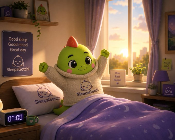 A cozy bedroom scene featuring a green mascot character wearing a 'SleepaGotchi' sweater, sitting on a bed with purple moon-patterned covers; the room includes a 'Good sleep Good mood Great day' poster and a digital clock showing '07:00'.