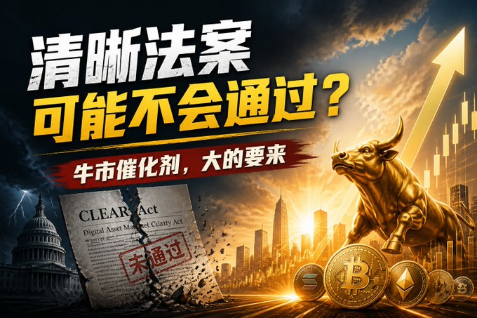 A graphic with Chinese text translates to 'Will the Clarity Act pass?' and 'Bull market catalyst, big one is coming,' featuring a 'CLEAR Act Digital Asset Market Clarity Act' document stamped 'Not Passed', a charging bull, and cryptocurrency coins.