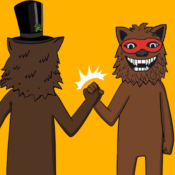 A cartoon illustration depicts two brown furry characters high-fiving with a burst effect between them; one wears a black top hat with a flower, while the other wears a red superhero mask.