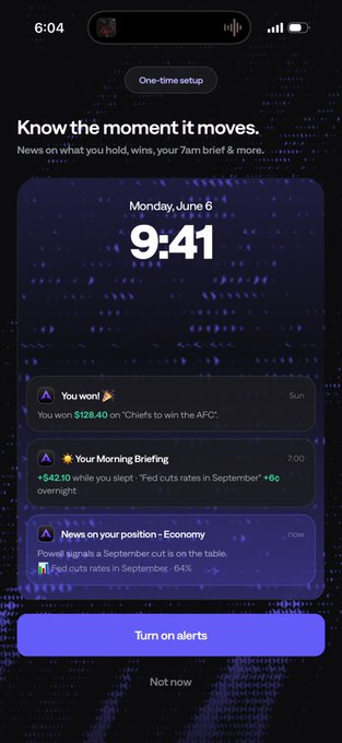 A mobile app screen titled "Know the moment it moves." with the date Monday, June 6 and time 9:41, showing alerts for "You won! $128.40 on Chiefs to win the AFC," "Your Morning Briefing," and "News on your position - Economy," with a "Turn on alerts" button.
