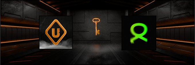 A dark futuristic graphic showing two crypto token logos (a gold hexagonal token and a green hourglass-shaped token) flanking an orange key symbol, suggesting a token swap or bridging concept.