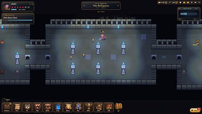Screenshot of a 2D dungeon crawler video game titled 'The Reliquary' featuring a player character JOJI exploring a stone chamber with blue flame torches and locked doors.
