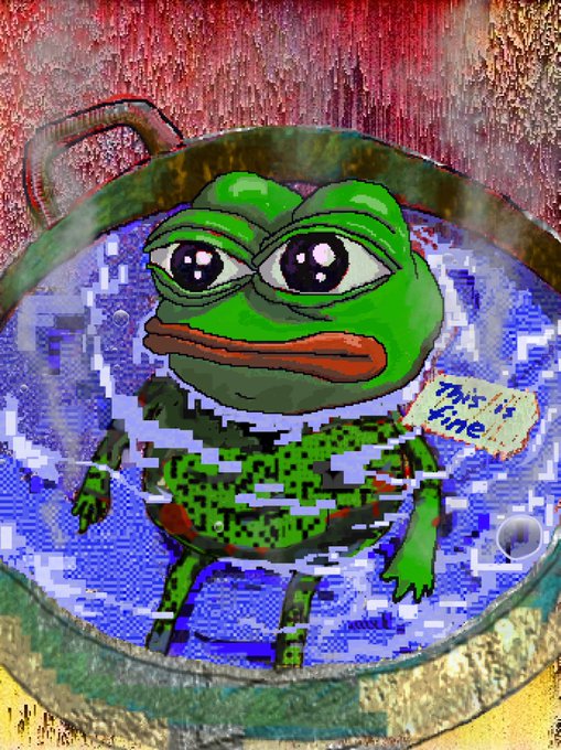 An illustration features a green frog sitting in a blue bowl with the text 'This is fine' written on a tag beside it.