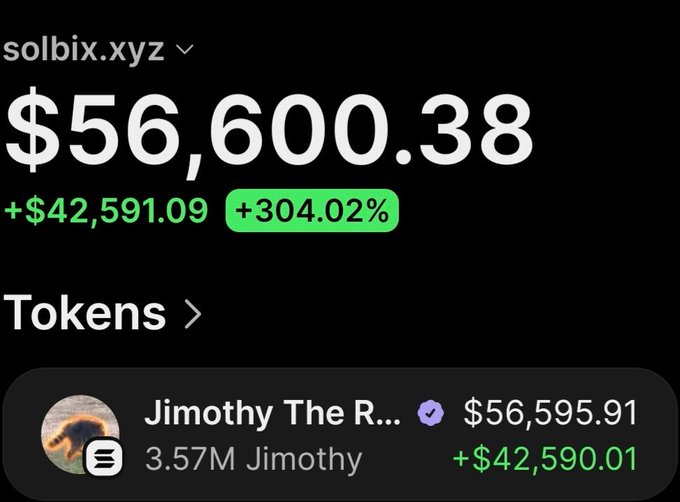 A screenshot from solbix.xyz shows a wallet's $Jimothy token holdings valued at $56,600.38, up +$42,591.09 or +304.02%, displaying 3.57M Jimothy tokens—quantifying the impressive gain from a $209K market cap entry to the current $15.7M valuation referenced in the post.