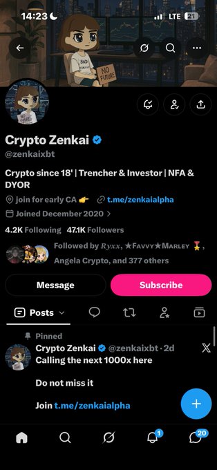 A screenshot of a Twitter/X profile for 'Crypto Zenkai' (@zenkaixbt) showing an anime-style avatar and a pinned post reading 'Crypto Zenkai Calling the next 1000x here Do not miss it Join t.me/zenkaialpha'.