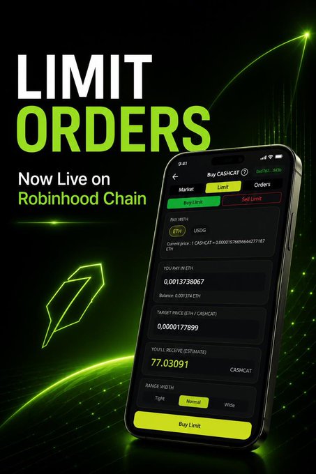 A promotional graphic announcing "LIMIT ORDERS Now Live on Robinhood Chain" shows a smartphone displaying the IrisApp interface for a Buy Limit order on the CASHCAT/ETH market, set at a target price of 0.00001778989 ETH with an estimated receive of 77.03091 CASHCAT, illustrating the new automated trading feature mentioned in the post.