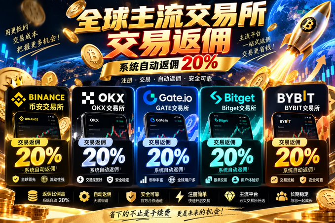 A promotional graphic in Chinese advertising 20% trading fee rebates on major global cryptocurrency exchanges, featuring logos for Binance, OKX, Gate.io, Bitget, and Bybit, along with images of phones and a Bitcoin rocket.