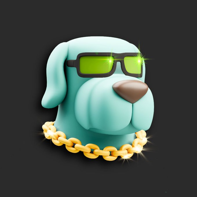 A 3D render of a teal dog head wearing green sunglasses and a gold chain necklace against a black background.