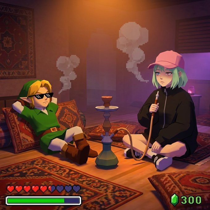 Anime-style illustration styled like a Legend of Zelda video game scene, showing Link and an anime girl with green hair smoking a hookah on cushions, complete with hearts, a magic meter, and a 300-rupee counter.