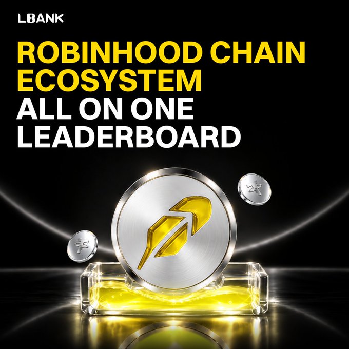 A promotional graphic for LBank featuring the text "ROBINHOOD CHAIN ECOSYSTEM ALL ON ONE LEADERBOARD" alongside a large silver coin displaying a yellow feather logo, resting on a glowing yellow platform with smaller coins floating nearby, all set against a black background. The visual reinforces the post's message about tracking the Robinhood Chain ecosystem and emerging opportunities on the LBank platform.