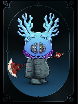 Cartoon illustration of a cute fantasy creature resembling a blue coral/cactus-headed being with purple collar details, standing against a dark teal oval background and holding a small axe.