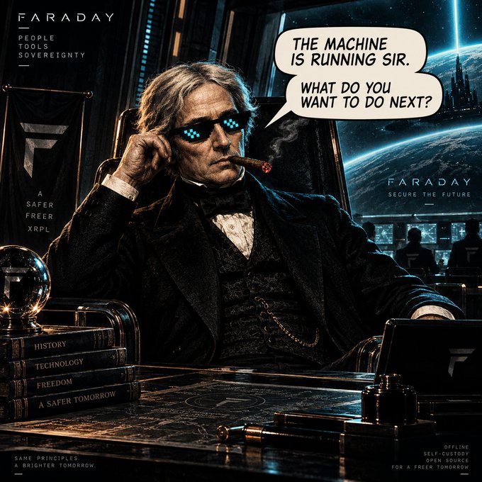 A cinematic promotional image for 'FARADAY' featuring a digital figure resembling Michael Faraday in Victorian attire smoking a cigar, with text 'THE MACHINE IS RUNNING SIR. WHAT DO YOU WANT TO DO NEXT?' and slogans like 'PEOPLE TOOLS SOVEREIGNTY' and 'SECURE THE FUTURE'.