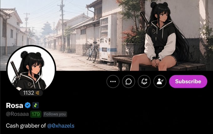 A Twitter/X profile page for 'Rosa' (@Rosaaa) with 1,132 followers and a bio reading 'Cash grabber of @0xhazels,' featuring anime-style artwork.