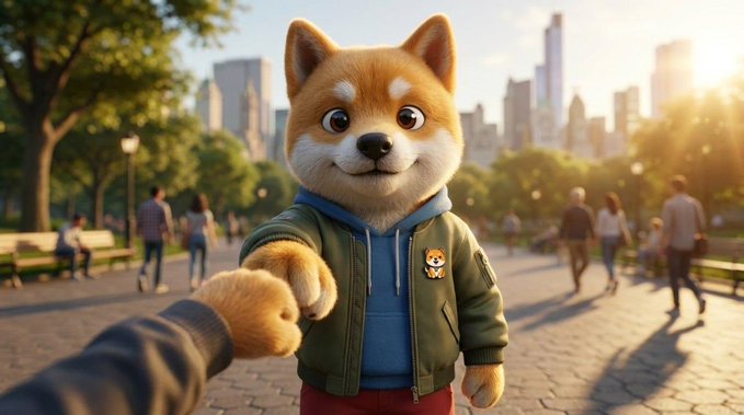 A 3D-rendered Shiba Inu dog wearing a green jacket and blue hoodie fist-bumping a human in a sunny urban park setting with skyscrapers in the background.
