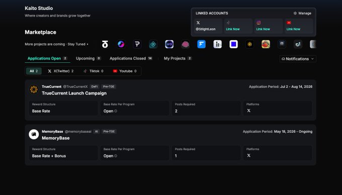 A dark-themed Kaito Studio dashboard screenshot showing the Marketplace section with 'Applications Open' tab active, listing 'TrueCurrent Launch Campaign' and 'MemoryBase' campaigns, along with linked social media accounts.