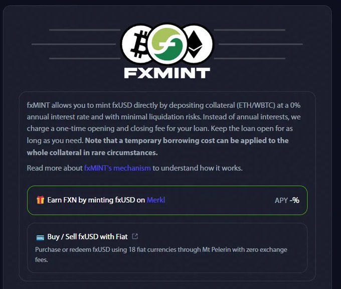 A screenshot of f(x) Protocol’s fxMINT feature, explaining that users can mint fxUSD by depositing ETH/WBTC collateral at 0% annual interest, with one-time opening and closing fees. It highlights “Earn FXN by minting fxUSD on Merkl” and buying or selling fxUSD with fiat, supporting the post’s idea of using ETH as collateral instead of repeatedly converting it to and from fiat.