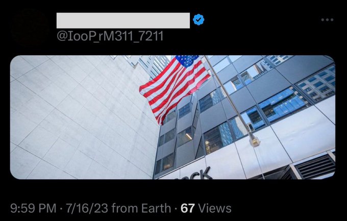 The image shows a building with an American flag flying above it, along with a caption that reads "BlackRock will announce an XRP ETF this year". The caption also includes the time of 7 PM and the number 67 views.