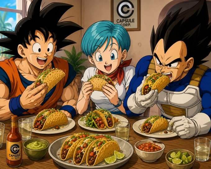 Three animated characters with spiky hair are eagerly eating tacos and drinking beer at a table, with a 'CAPSULE CORP.' logo visible on a bottle and on the wall.