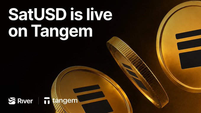A promotional graphic reading 'SatUSD is live on Tangem' showing two gold-colored cryptocurrency coins alongside the River and Tangem logos.