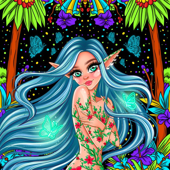 A vibrant illustration of an elven woman with flowing blue hair, pointed ears, and a flower-covered body, surrounded by glowing butterflies and colorful tropical flora against a starry night backdrop.