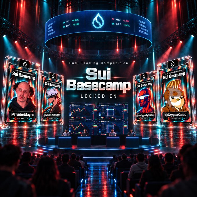 A futuristic cyberpunk-style "Sui Basecamp - LOCKED IN" Hudi Trading Competition stage with neon lights, screens displaying competitors like @TraderMayne, @MMH4DYNASTY, @martygrymusic, and @CryptoKaleo, with charts and audience visible.