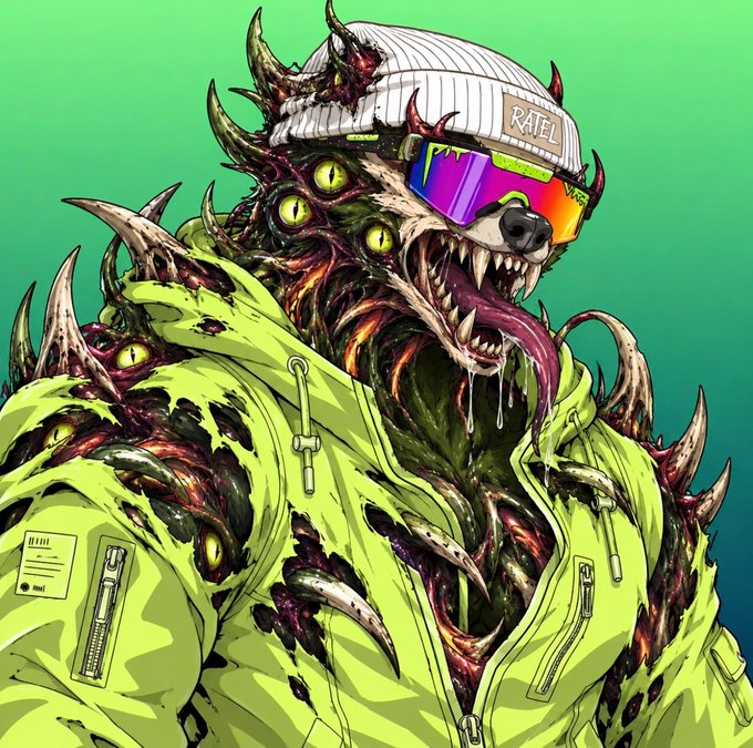 An illustration of a monstrous creature with multiple eyes, sharp teeth, and spiky protrusions wearing a green jacket, beanie labeled 'RATEL', and rainbow sunglasses.