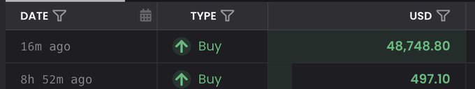 A trading history table showing two recent "Buy" transactions: one from 16m ago for $48,748.80 USD and another from 8h 52m ago for $497.10 USD.