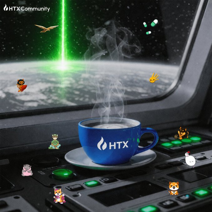 In the image, there's a blue coffee cup sitting on top of a green control panel. The controls appear to be buttons or knobs related to operating the spaceship, and they are illuminated with different colored lights that glow and flash across them. The background shows a view of the planet Earth through a window of the spaceship.

The image is accompanied by text in the caption "HTX keeps growing" as well as the name "GM", which may be related to the game or the character, but it's not clear if these elements are directly connected to the coffee cup and its operator.