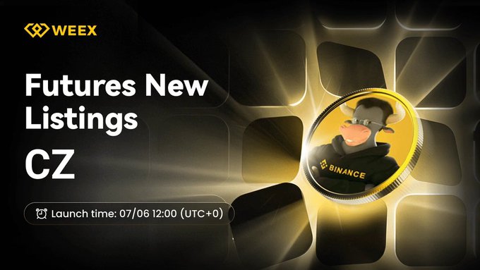 A WEEX promotional banner announcing the futures new listing of $CZ, featuring a Binance-branded coin mascot wearing a cowboy hat against a golden grid background, with a launch time of 07/06 12:00 (UTC+0).