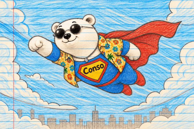 A colored-pencil superhero bear wearing a red cape, floral shirt, and blue outfit flies over clouds and a city skyline; its chest emblem reads “Conso.”