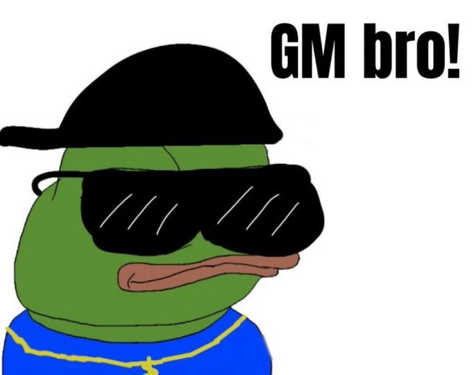 A cartoon Pepe the Frog wearing a black cap, sunglasses, and a gold chain smiles in front of a white background with the text 'GM bro!' displayed in bold black letters.