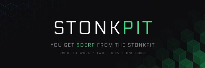 A dark promotional banner for "STONKPIT" featuring the tagline "YOU GET $DERP FROM THE STONKPIT" along with the descriptors "PROOF-OF-WORK / TWO FLOORS / ONE TOKEN." The image ties to the accompanying post by reinforcing the $DERP ticker as an early-stage opportunity on the Robinhood Chain, with the "STONKPIT" branding lending a playful, meme-coin aesthetic to the buildup before broader attention arrives.