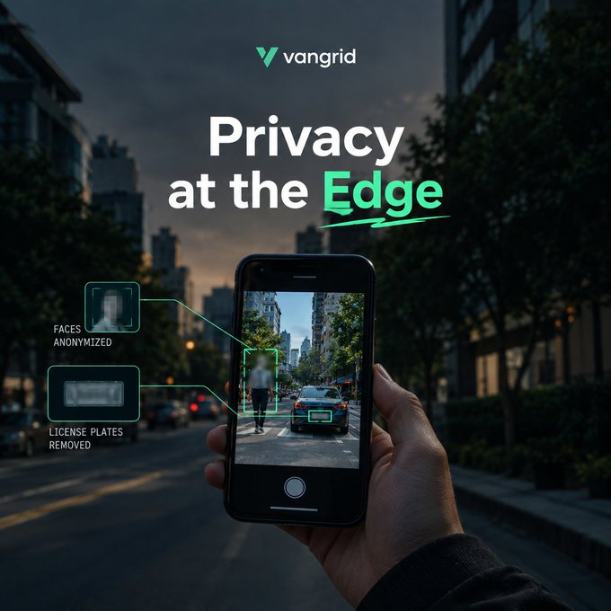 A promotional image for 'vangrid' titled 'Privacy at the Edge' shows a hand holding a smartphone capturing a street scene, with callouts indicating 'FACES ANONYMIZED' and 'LICENSE PLATES REMOVED.'