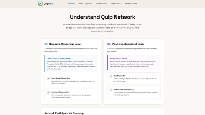 The image shows a computer screen with various lines of text, including a description of what an Understanding Quip Network looks like. The image also provides some details about the quip network, stating that "Most people will wait until Quantum computing is mainstream before they engage." This implies that only those who started early would benefit from this technology. The post encourages people to participate in discussions and events related to quip networks or blockchain projects, possibly providing an opportunity for early adopters to gain insights and advantages before the majority catches up.