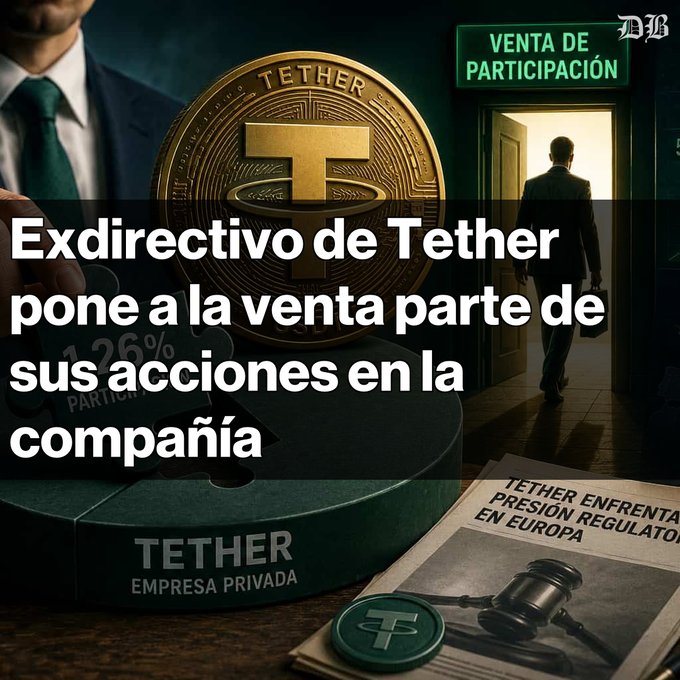 A graphic depicting a gold Tether (USDT) coin on a desk labeled 'TETHER EMPRESA PRIVADA', with a headline reading 'Exdirectivo de Tether pone a la venta parte de sus acciones en la compañía' and a subheading 'TETHER ENFRENTA PRESIÓN REGULATORIA EN EUROPA'.