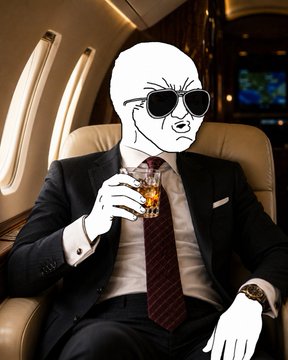 An illustration of a person in a private jet wearing a business suit, tie, and sunglasses, holding a glass of whiskey; their face has been replaced with a cartoonish, minimalist white mask.