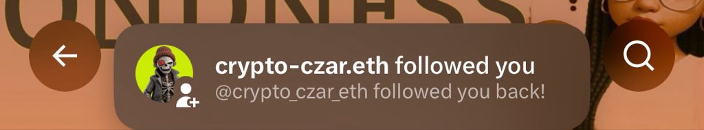 A Twitter/X notification showing 'crypto-czar.eth followed you' with a cartoon avatar of a character wearing a red beanie, and the message '@crypto_czar_eth followed you back!'