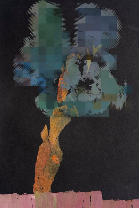 A pixelated, glitch-art tree with a vibrant, textured trunk in warm earth tones and a crown of blue-green squares with frayed edges stands against a black background above a pink base. The abstract, surreal composition complements the post's auction of a unique digital art piece, now fetching bids in XTZ (Tezos cryptocurrency) from collectors like Ayra.