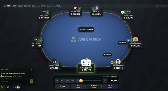 An online poker game interface on 'APE CHURCH' showing a tournament table with various player usernames and chip counts, with player '0x71f4...43E0' holding a pair of Queens (Q♣ Q♦) facing a call of 40,000.
