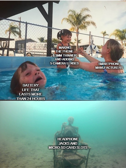 A meme combining photos of children in a pool with a skeleton underwater, joking about smartphone manufacturers removing features like headphone jacks, SD card slots, and battery life to make phones thinner.