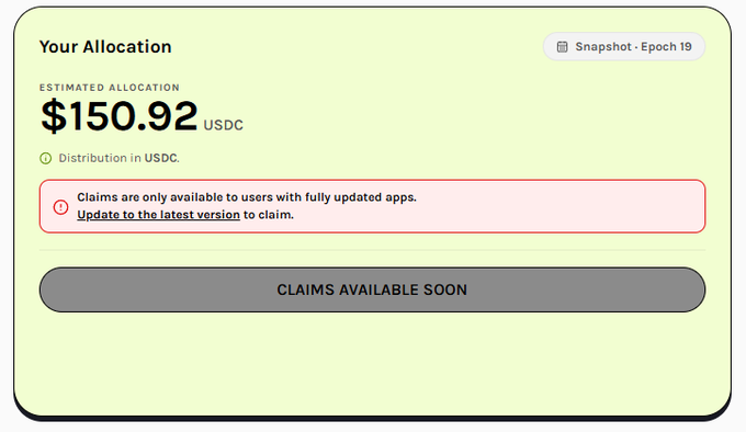 The image shows an allocation dashboard displaying an estimated **$150.92 USDC** reward labeled "Snapshot · Epoch 19," with a warning that claims require a fully updated app and a "Claims Available Soon" button currently disabled. This visually confirms the post's claim that the Grass airdrop will be distributed in USDC, showing users their individual payout amount they can expect to claim once the app is updated.