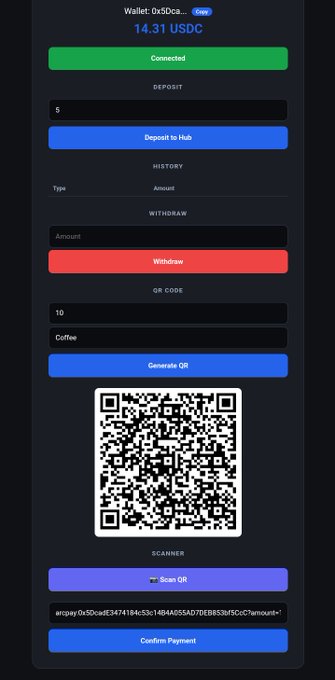 The image shows a screen displaying an ArcPay hub page with a QR code on it, which may be used for transactions or account balances in the USDC currency system. The text on the screen highlights that this hub offers simple, intuitive features focused on decentralization and P2P payments, as well as account balances in USDC.