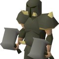 A low-polygon 3D rendered character wearing dark armor with a helmet and holding two rectangular shields or weapons in both hands.