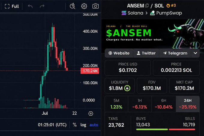 A cryptocurrency chart showing $ANSEM/SOL token on Solana via PumpSwap, displaying price at $0.1702, market cap of $170.2M, and significant 24H decline of -25.19%.