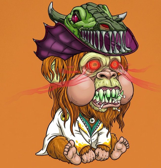 A colorful cartoon illustration of a grotesque, monstrous creature with a fanged green dragon-like head, bulging red eyes, and a bloated, sharp-toothed face, sitting against an orange background.