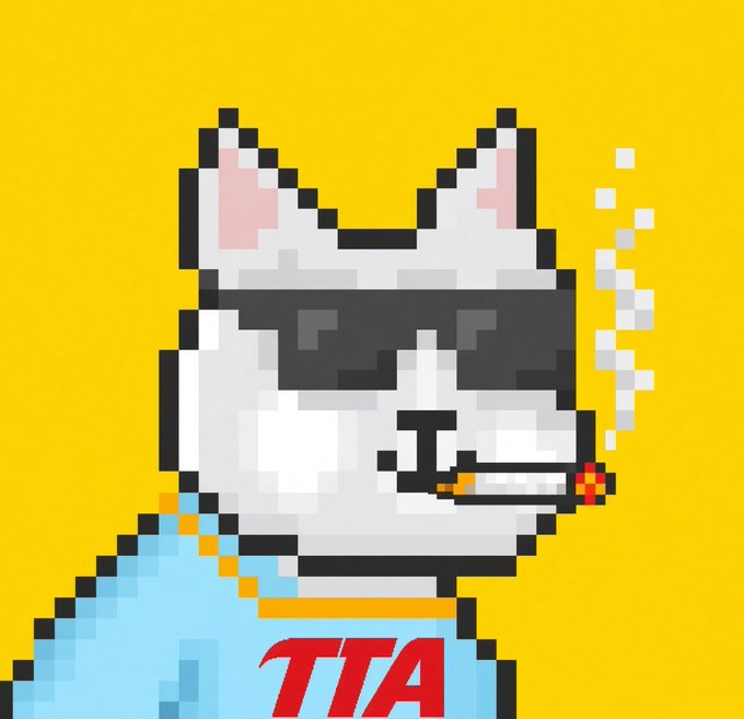 A pixel art image depicts a white cat wearing black sunglasses and smoking a cigarette against a bright yellow background, wearing a light blue shirt with 'TTA' in red text.
