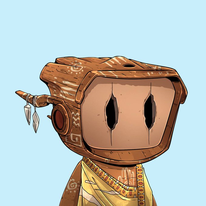 A stylized cartoon character with a wooden, robot-like head featuring hollow eyes and feathers hanging from its ear, paired with tribal-patterned clothing, embodies the "Blokyz" brand's aesthetic.
